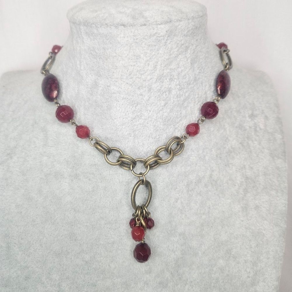 Retired Premier Designs “Caliente” Red Beaded Statement Necklace – Antique Gold